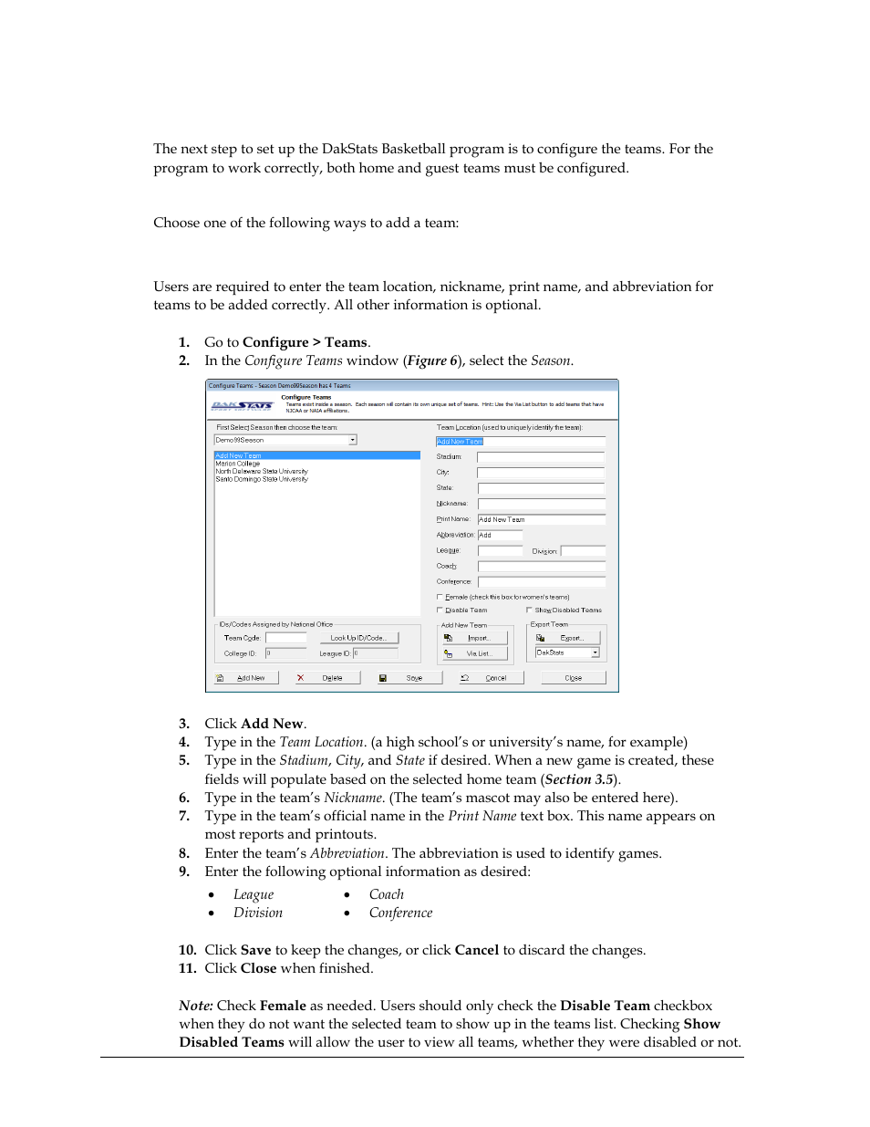 3 configure teams, Adding a team, To manually add a new team | Configure teams, N 3.3 ) | Daktronics DakStats Basketball User Manual | Page 14 / 89