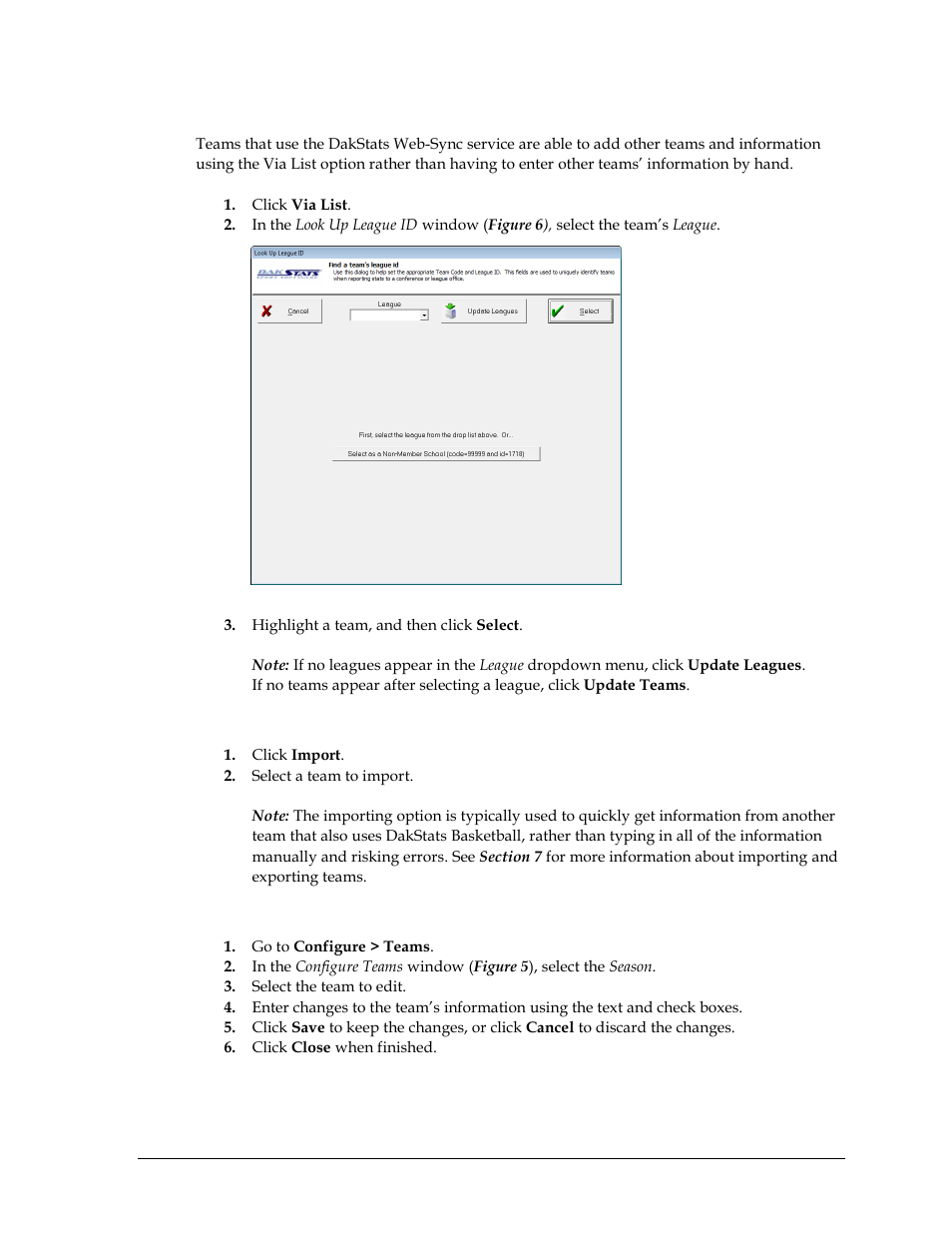 To add a new team via list, To import a team, Editing a team | Daktronics DakStats Basketball User Manual | Page 15 / 89