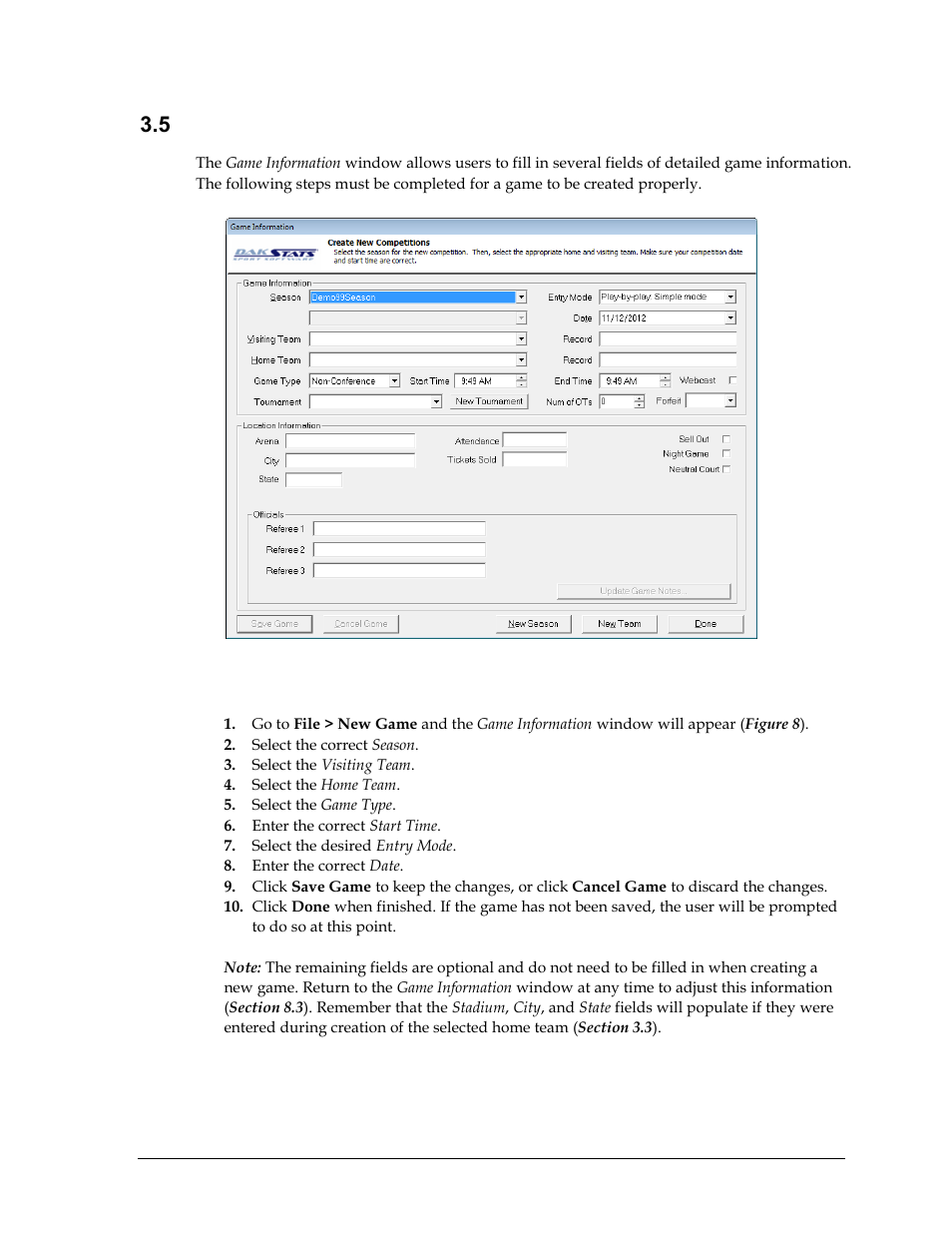 5 creating new games, To create a new game, Creating new games | Daktronics DakStats Basketball User Manual | Page 17 / 89