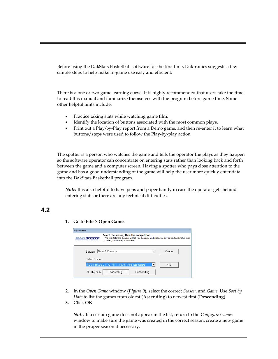 Section 4: pregame setup, 1 before game time, Be familiar with the program | Have a good spotter, 2 beginning the game, Section 4, Pregame setup, Before game time, Beginning the game | Daktronics DakStats Basketball User Manual | Page 19 / 89