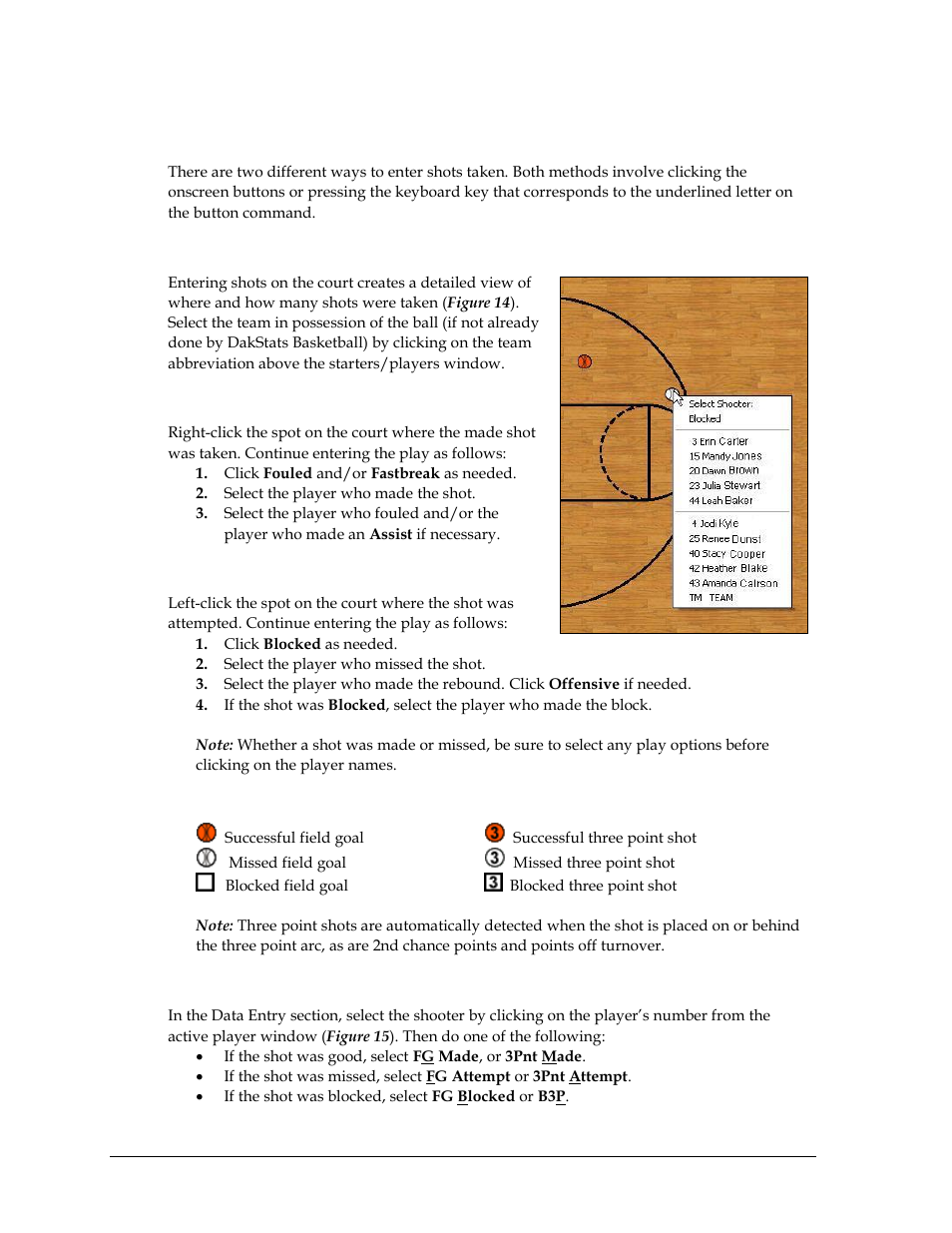 Entering shots, Entering shots on the court, Made shots | Missed shots, Entering shots with player information | Daktronics DakStats Basketball User Manual | Page 24 / 89
