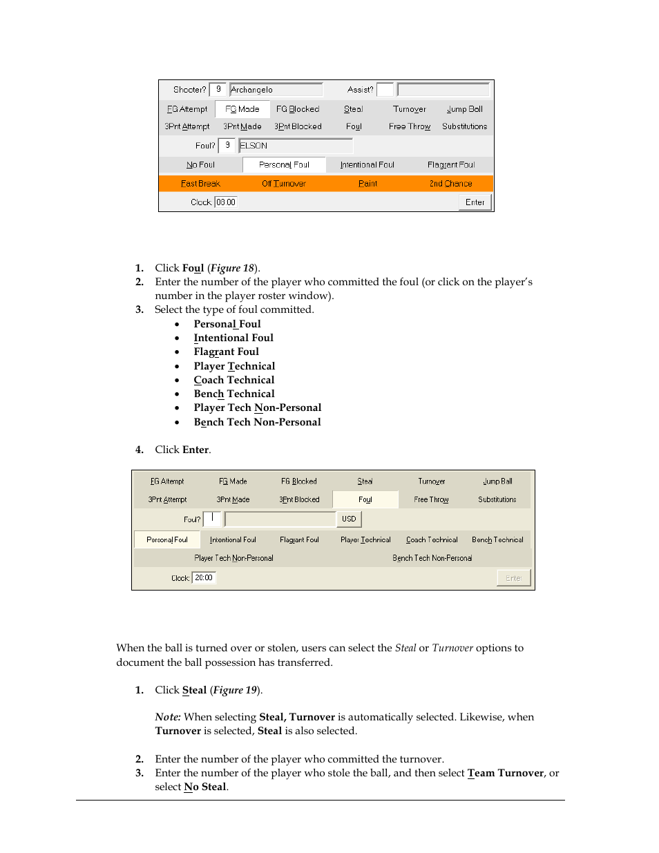 Foul during game play, Entering steals | Daktronics DakStats Basketball User Manual | Page 26 / 89