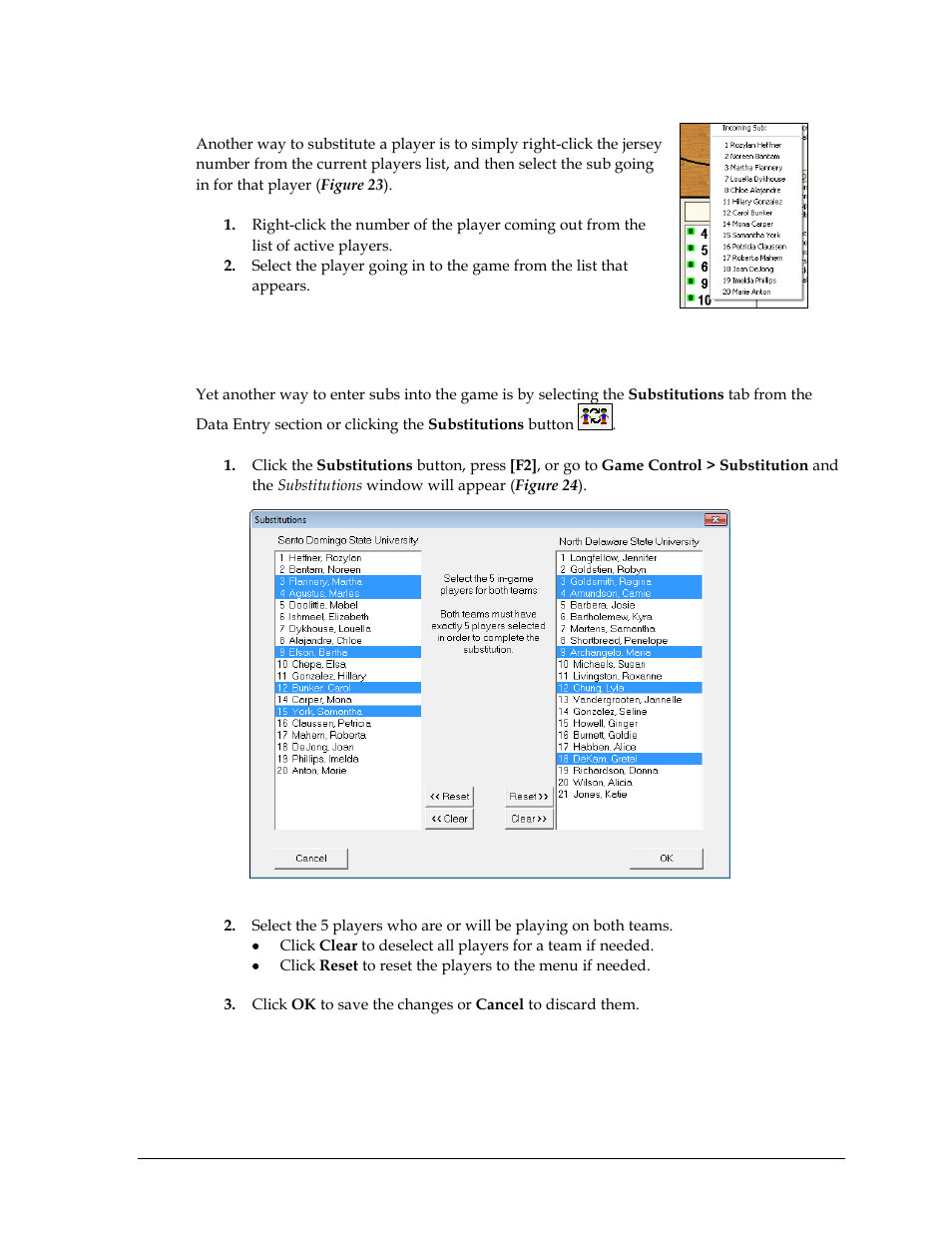 Right-click the player number, Select the substitution tab or sub button | Daktronics DakStats Basketball User Manual | Page 29 / 89