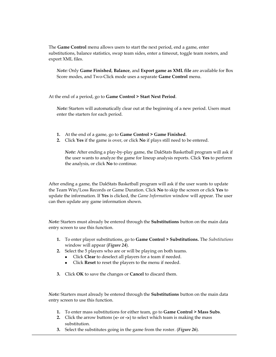 4 game control menu, Start next period, Game finished | Update team win/loss records and duration, Substitutions, Mass substitutions, Game control menu | Daktronics DakStats Basketball User Manual | Page 32 / 89