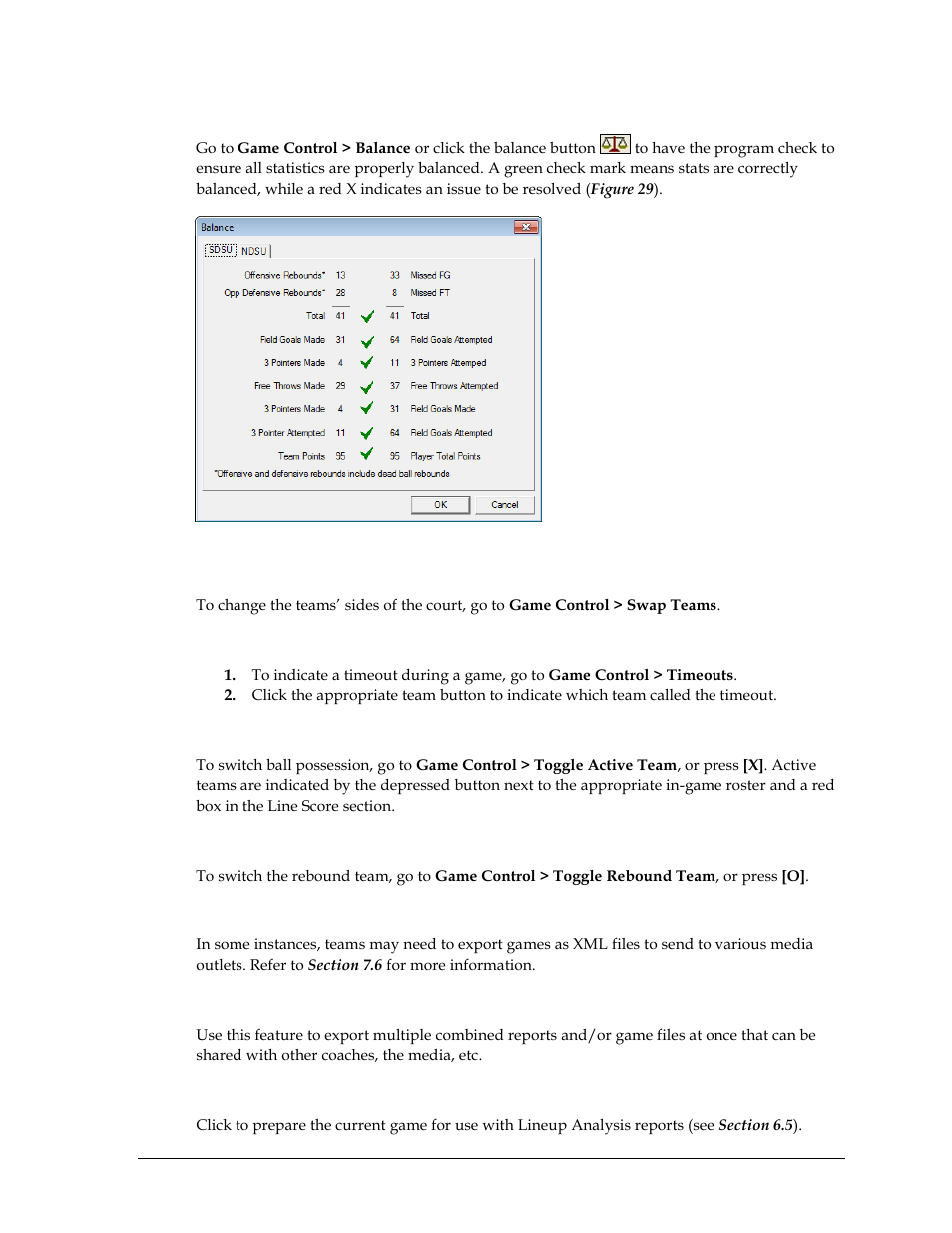 Balance stats, Swap teams, Timeouts | Toggle active team, Toggle rebound team, Export game as xml file, Export package, Analyze game | Daktronics DakStats Basketball User Manual | Page 33 / 89
