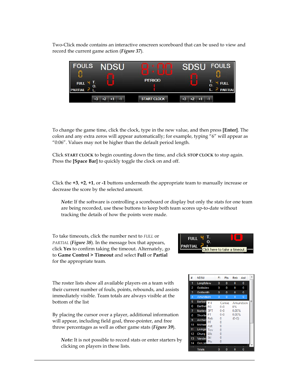 Onscreen scoreboard, Game clock, Team scores | Timeouts, Roster list | Daktronics DakStats Basketball User Manual | Page 38 / 89