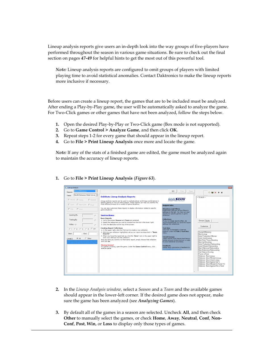 5 lineup analysis reports, Analyzing games, Creating a lineup analysis report | Lineup analysis reports, Section 6.5 ) | Daktronics DakStats Basketball User Manual | Page 50 / 89
