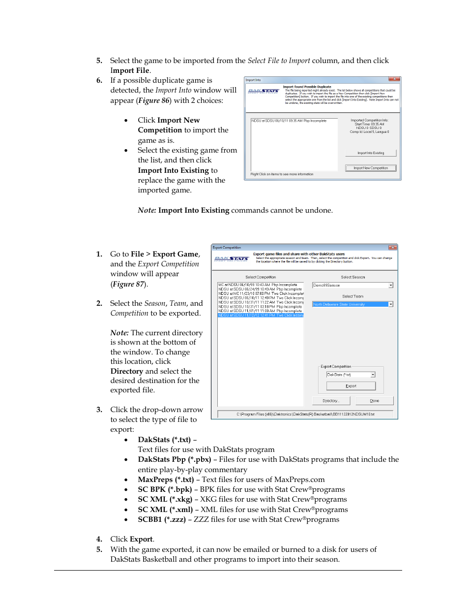 2 exporting games, Exporting games | Daktronics DakStats Basketball User Manual | Page 60 / 89