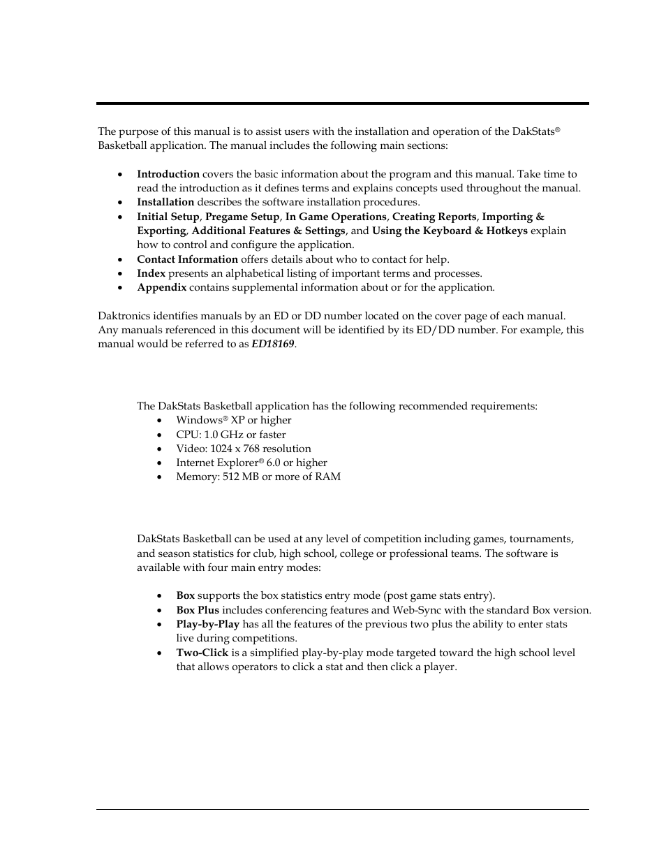 Section 1: introduction, 1 system requirements, 2 levels of play | Section 1, Introduction, System requirements, Levels of play | Daktronics DakStats Basketball User Manual | Page 7 / 89
