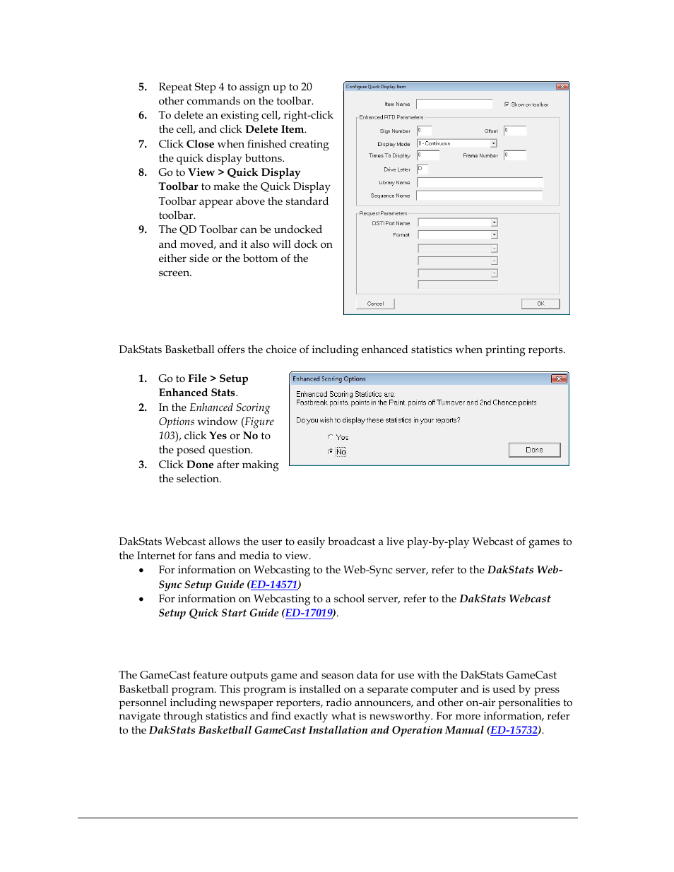 9 enhanced stats, 10 webcast, 11 gamecast | Enhanced stats, Webcast, Gamecast | Daktronics DakStats Basketball User Manual | Page 70 / 89