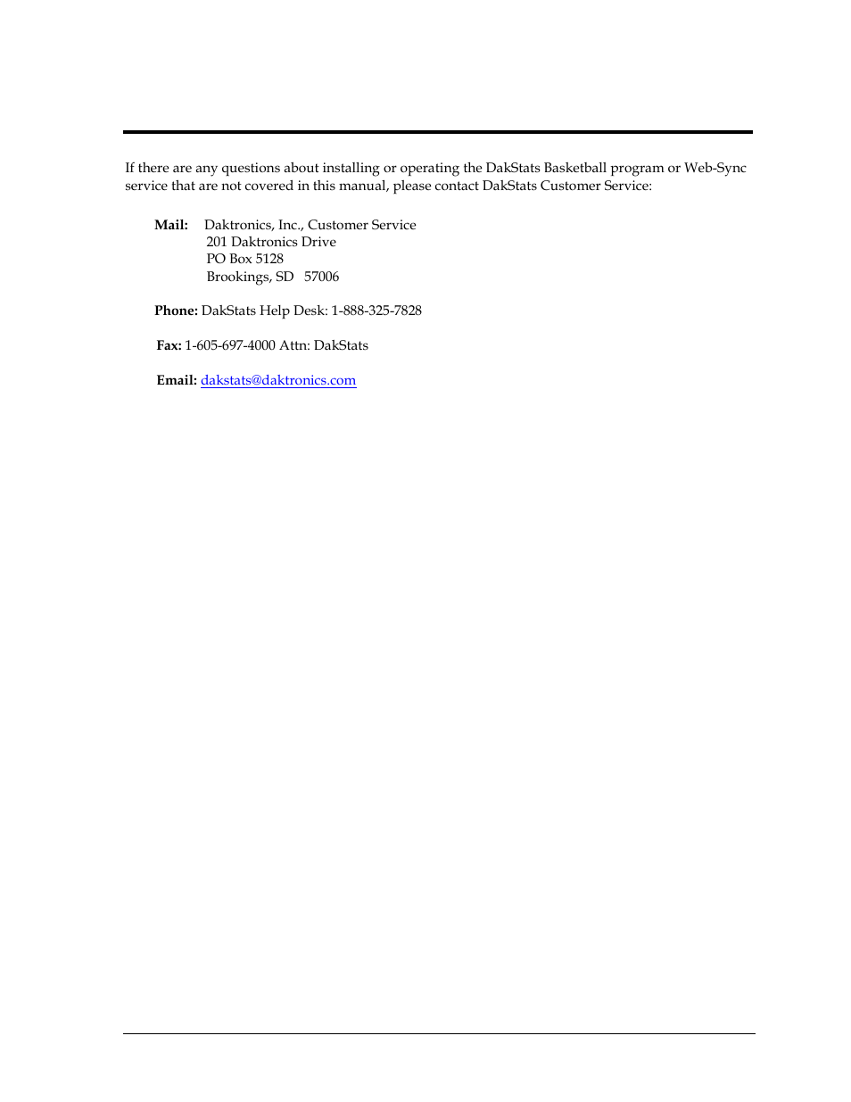 Section 10: contact information, Section 10, Contact information | Daktronics DakStats Basketball User Manual | Page 77 / 89
