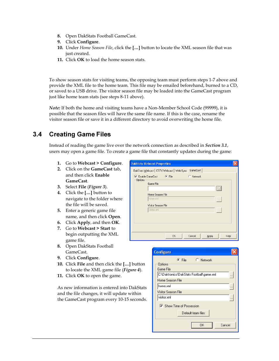 Visitor season files, Creating game files | Daktronics DakStats Football GameCast User Manual | Page 10 / 21