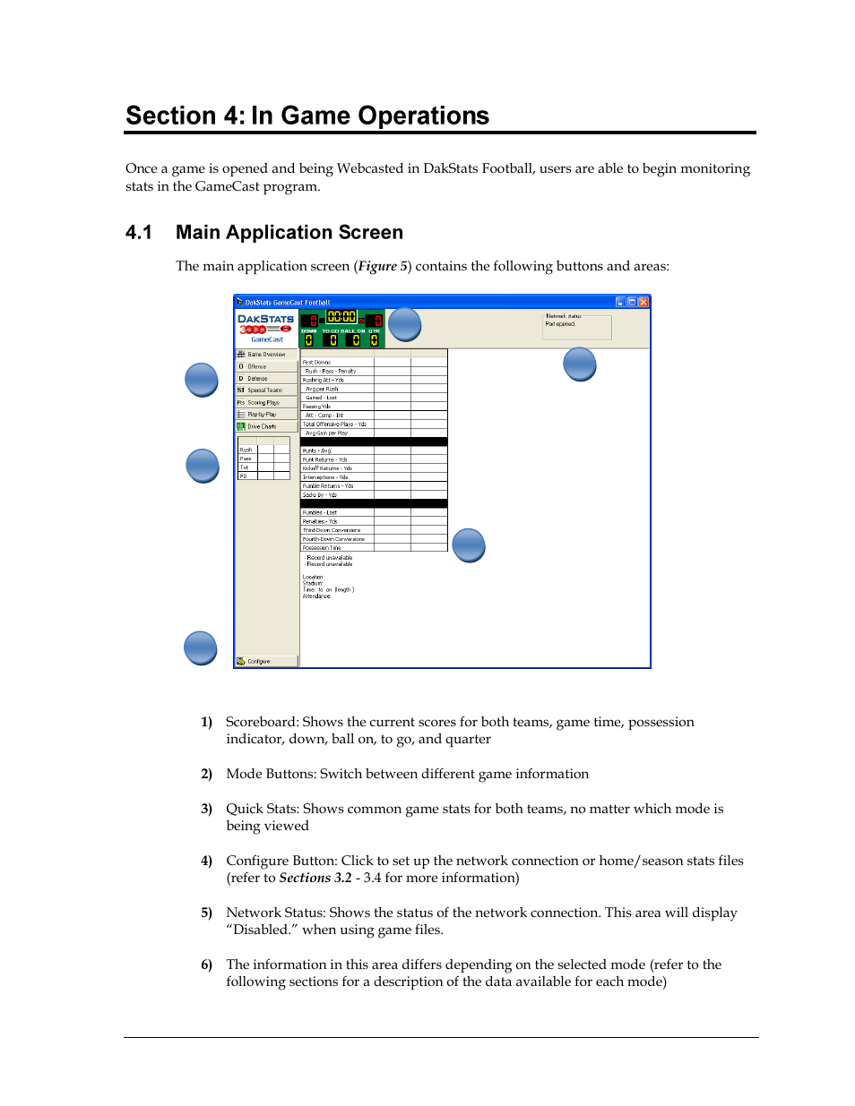In game operations, Main application screen | Daktronics DakStats Football GameCast User Manual | Page 13 / 21