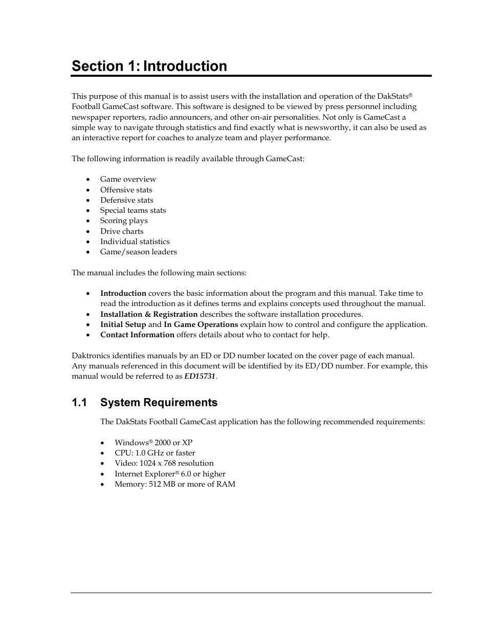 Introduction, System requirements | Daktronics DakStats Football GameCast User Manual | Page 5 / 21