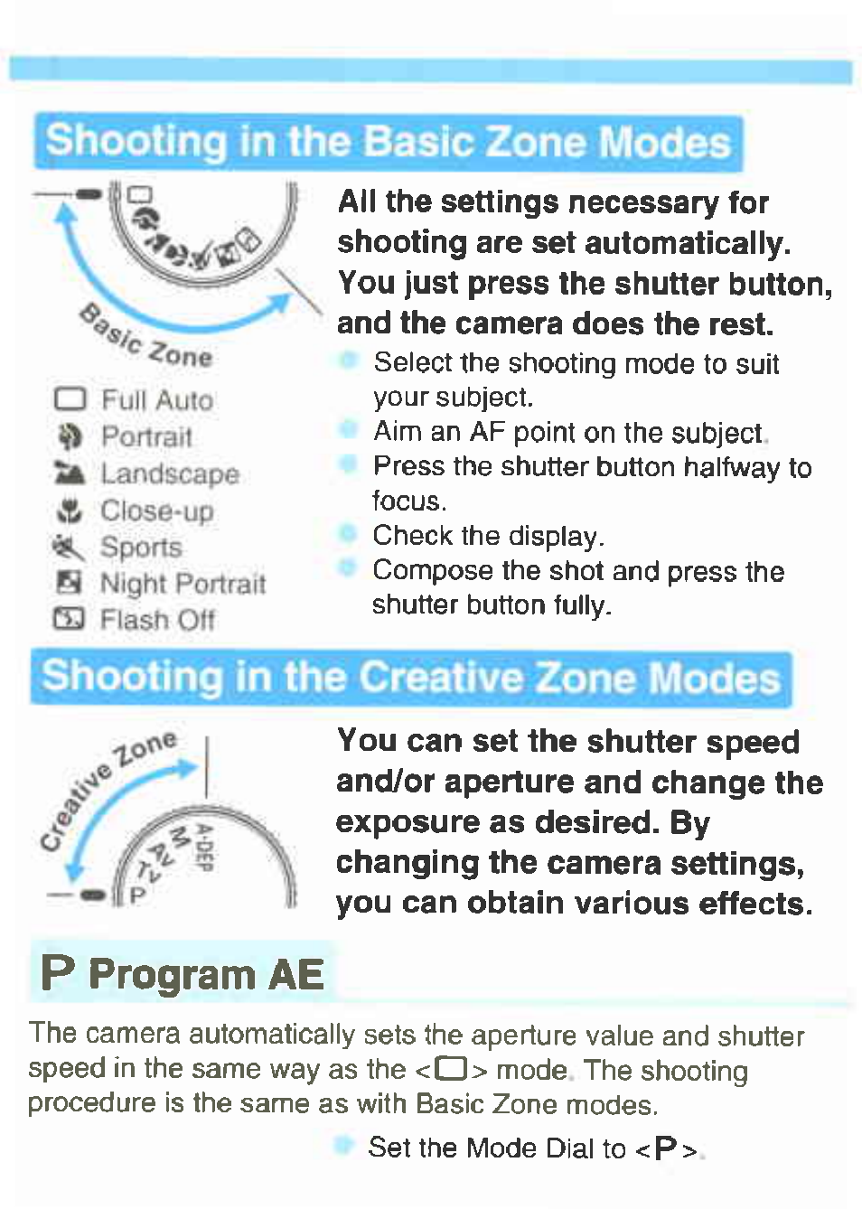 Shooting in the basic zone modes, Shooting in the creative zone modes, P program ae | Canon EOS 350D User Manual | Page 12 / 16