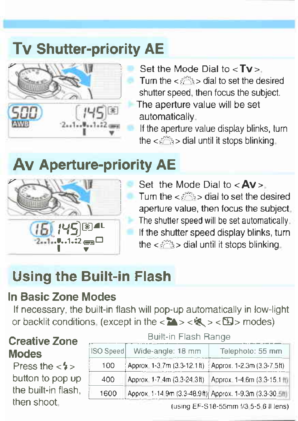Tv shutter-priority ae, Av aperture-priority ae, Using the buiit-in fiash | Creative zone modes | Canon EOS 350D User Manual | Page 13 / 16