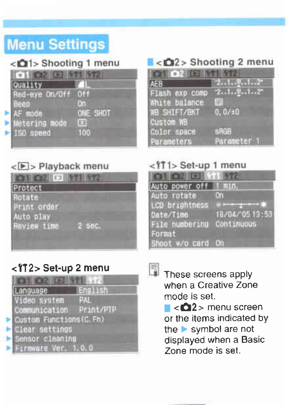 Menu settings | Canon EOS 350D User Manual | Page 6 / 16