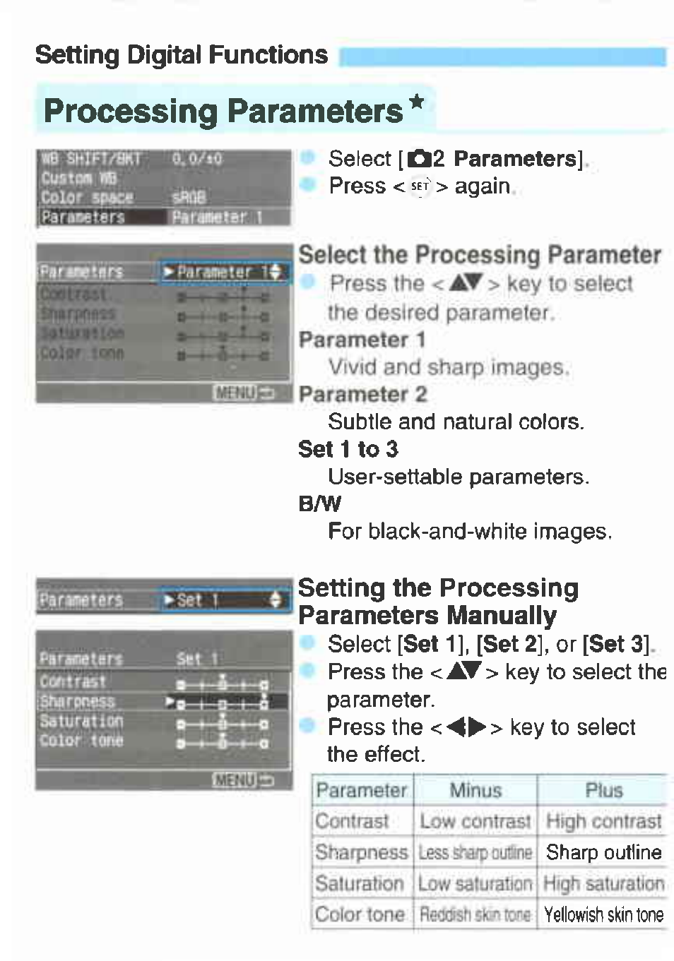 Processing parameters, Setting digital functions, Setting the processing parameters manually | Select the processing parameter | Canon EOS 350D User Manual | Page 9 / 16