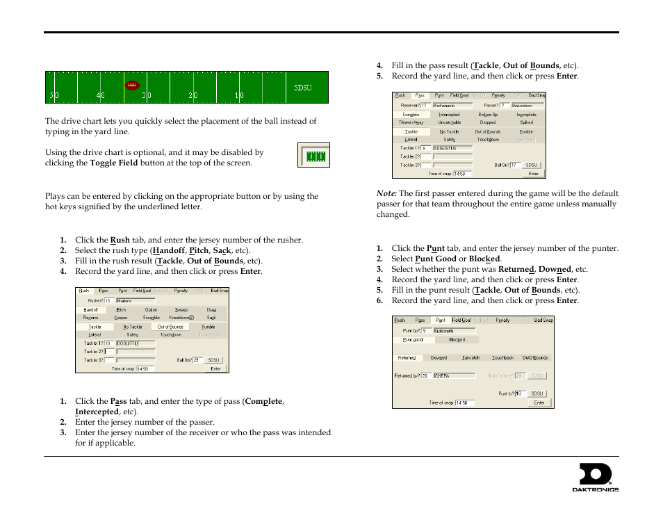 Using the drive chart, Using play entry buttons, Entering rush plays | Entering pass plays, Entering punt plays, Dakstats, Football quick start guide 3 of 7 | Daktronics DakStats Football Quick Start Guide User Manual | Page 3 / 7