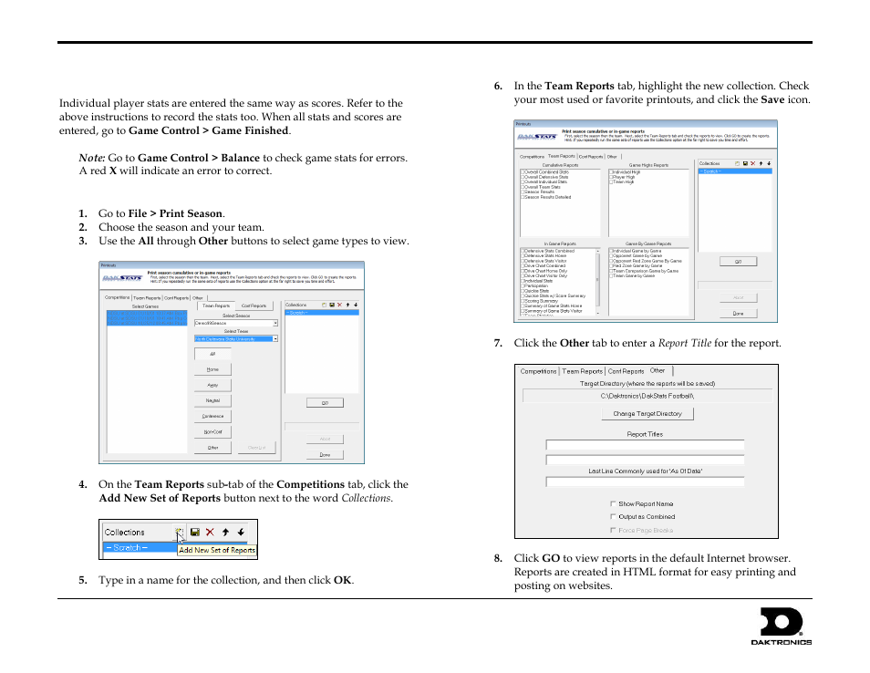 Entering stats, Printing season stats, Dakstats | Football quick start guide 6 of 7 | Daktronics DakStats Football Quick Start Guide User Manual | Page 6 / 7