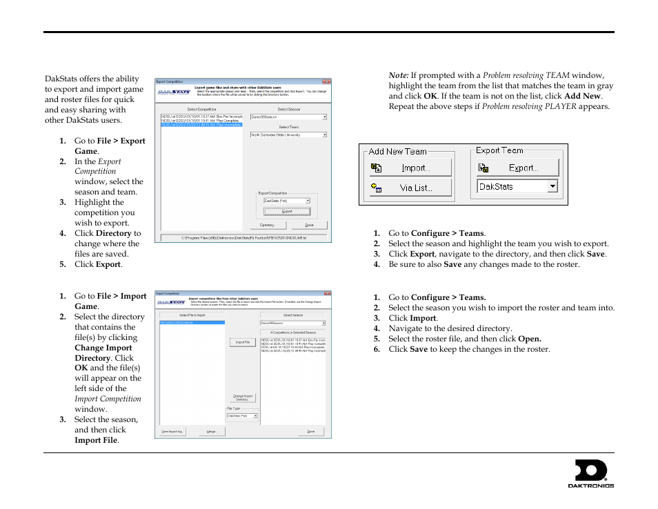 Exporting game files, Importing game files, Importing & exporting rosters | Exporting rosters, Importing rosters, Dakstats, Football quick start guide 7 of 7 | Daktronics DakStats Football Quick Start Guide User Manual | Page 7 / 7