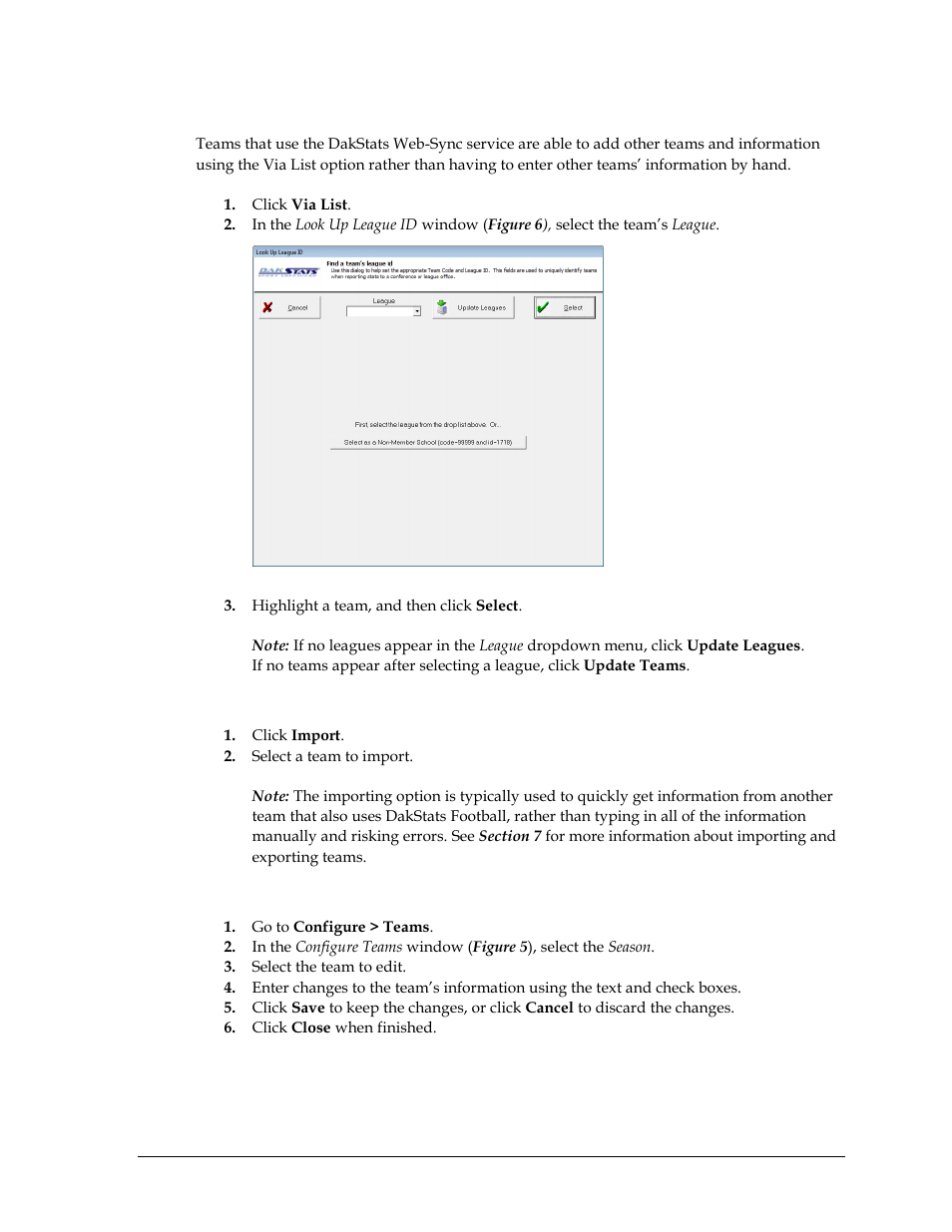 To add a new team via list, To import a team, Editing a team | Daktronics DakStats Football User Manual | Page 15 / 77