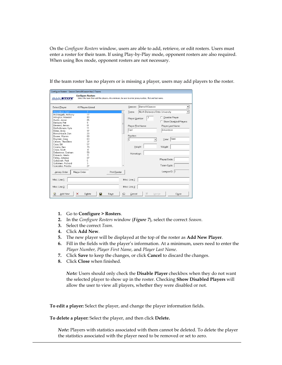 4 adding or editing rosters, Adding players to a roster, Deleting and editing players | Adding or editing rosters, Section 3.4 ) | Daktronics DakStats Football User Manual | Page 16 / 77