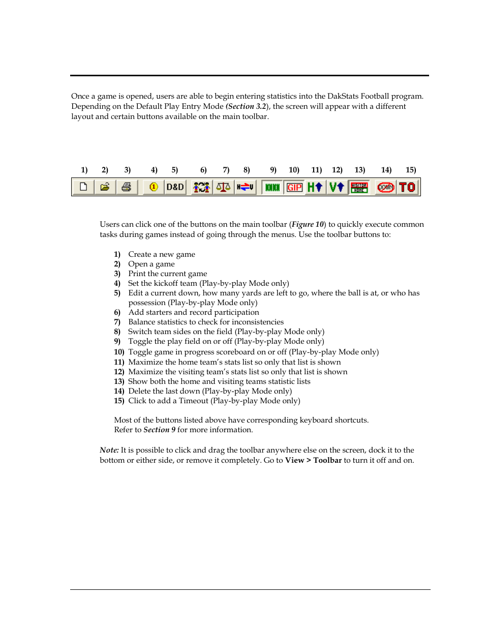 Section 5: in game operations, 1 main toolbar, Section 5 | In game operations, Main toolbar | Daktronics DakStats Football User Manual | Page 21 / 77