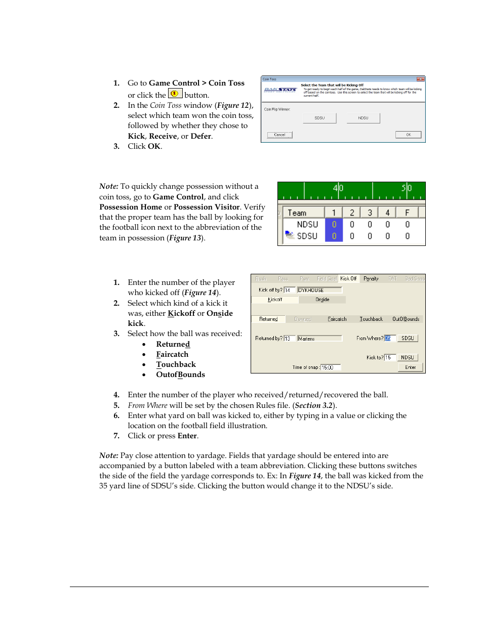 Coin toss, Kickoff | Daktronics DakStats Football User Manual | Page 23 / 77