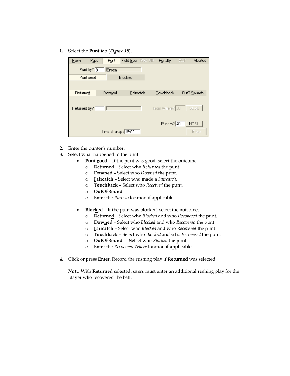 Entering punt plays | Daktronics DakStats Football User Manual | Page 26 / 77