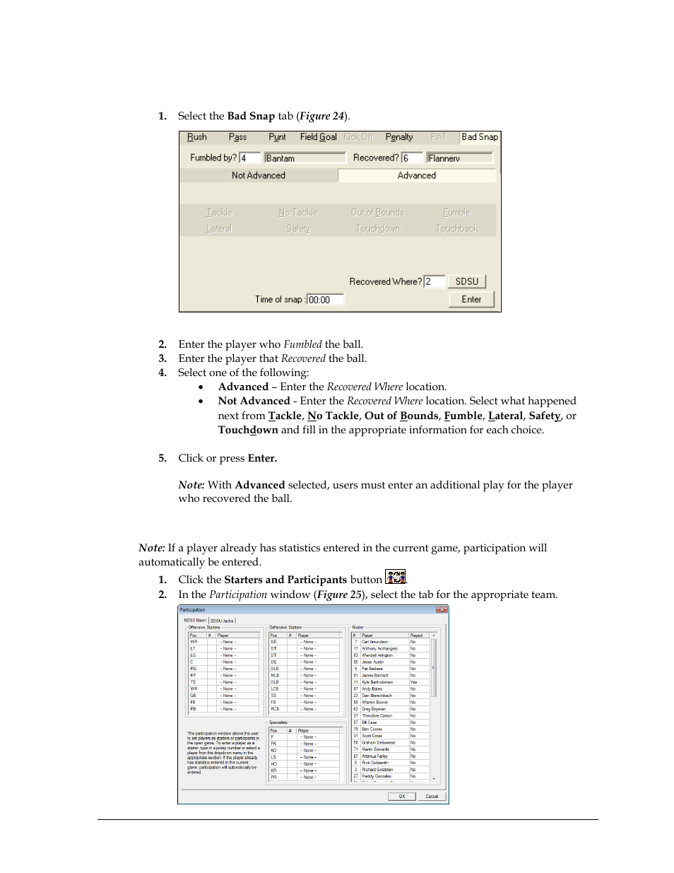 Bad snap (aborted play), Participation | Daktronics DakStats Football User Manual | Page 31 / 77