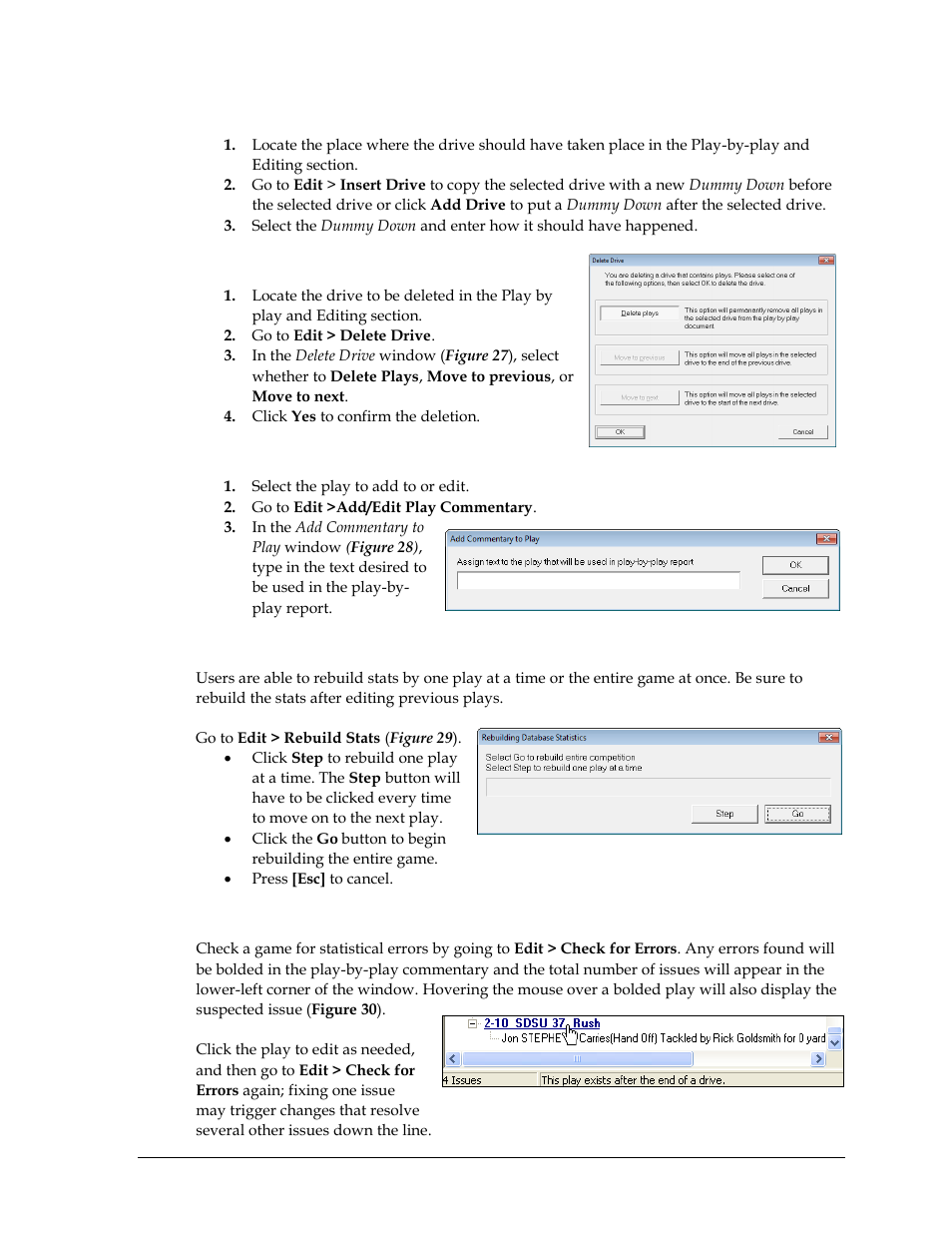 Manually adding and inserting drives, Deleting drives, Add or edit play commentary | Rebuild stats, Check for errors | Daktronics DakStats Football User Manual | Page 33 / 77