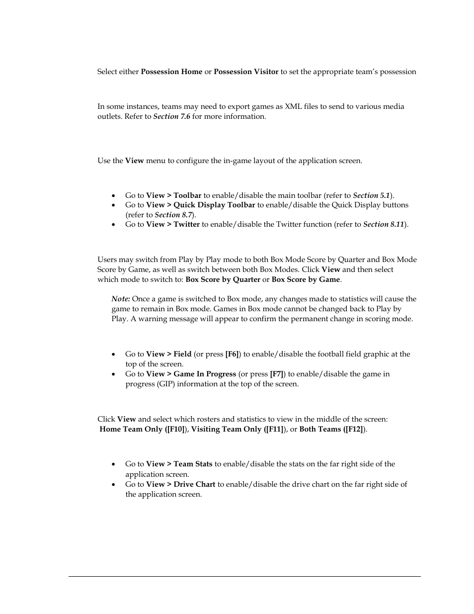 Possession, Export game as xml file, 5 view menu | Toolbars, Entry modes, Gip data & football field, Rosters & statistics, Drive chart/team stats, View menu | Daktronics DakStats Football User Manual | Page 35 / 77
