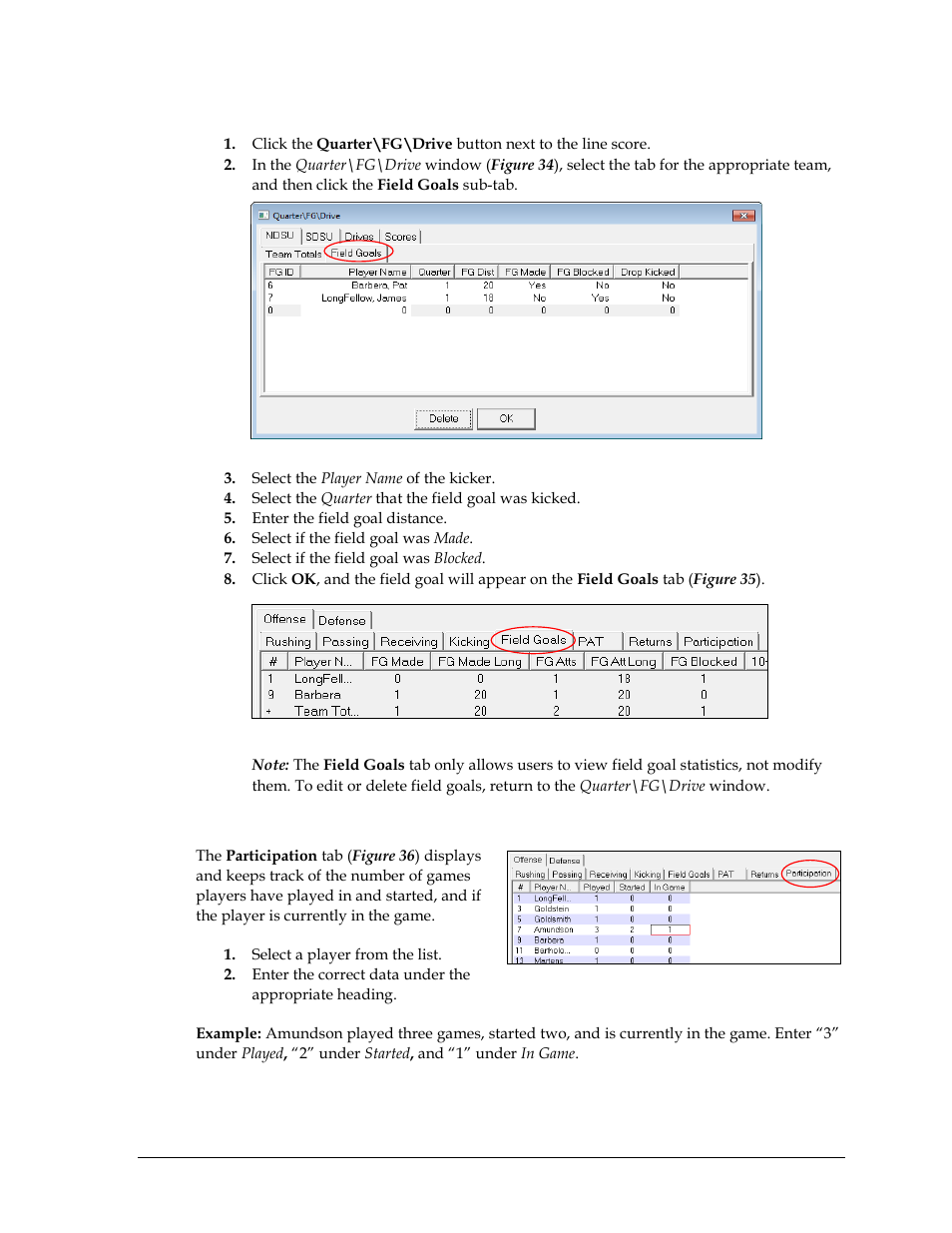 Adding field goals, Participation | Daktronics DakStats Football User Manual | Page 37 / 77