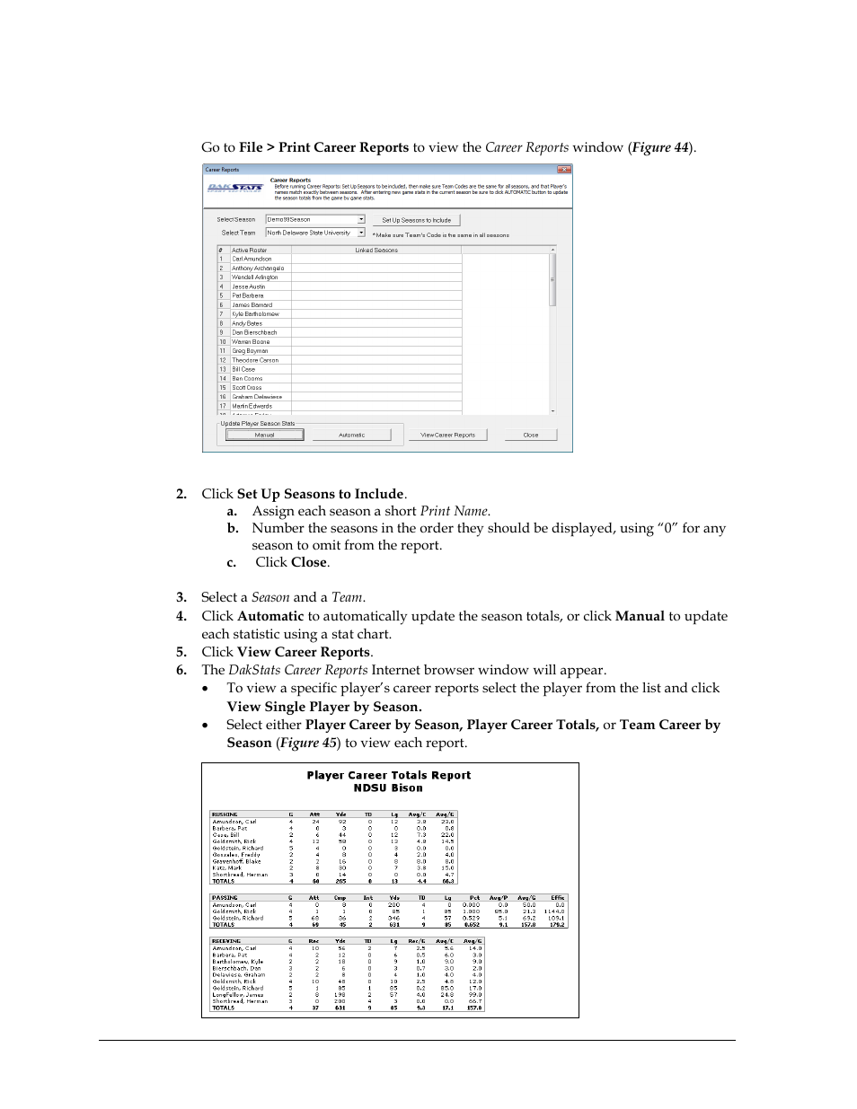 3 print career reports, Print career reports | Daktronics DakStats Football User Manual | Page 42 / 77