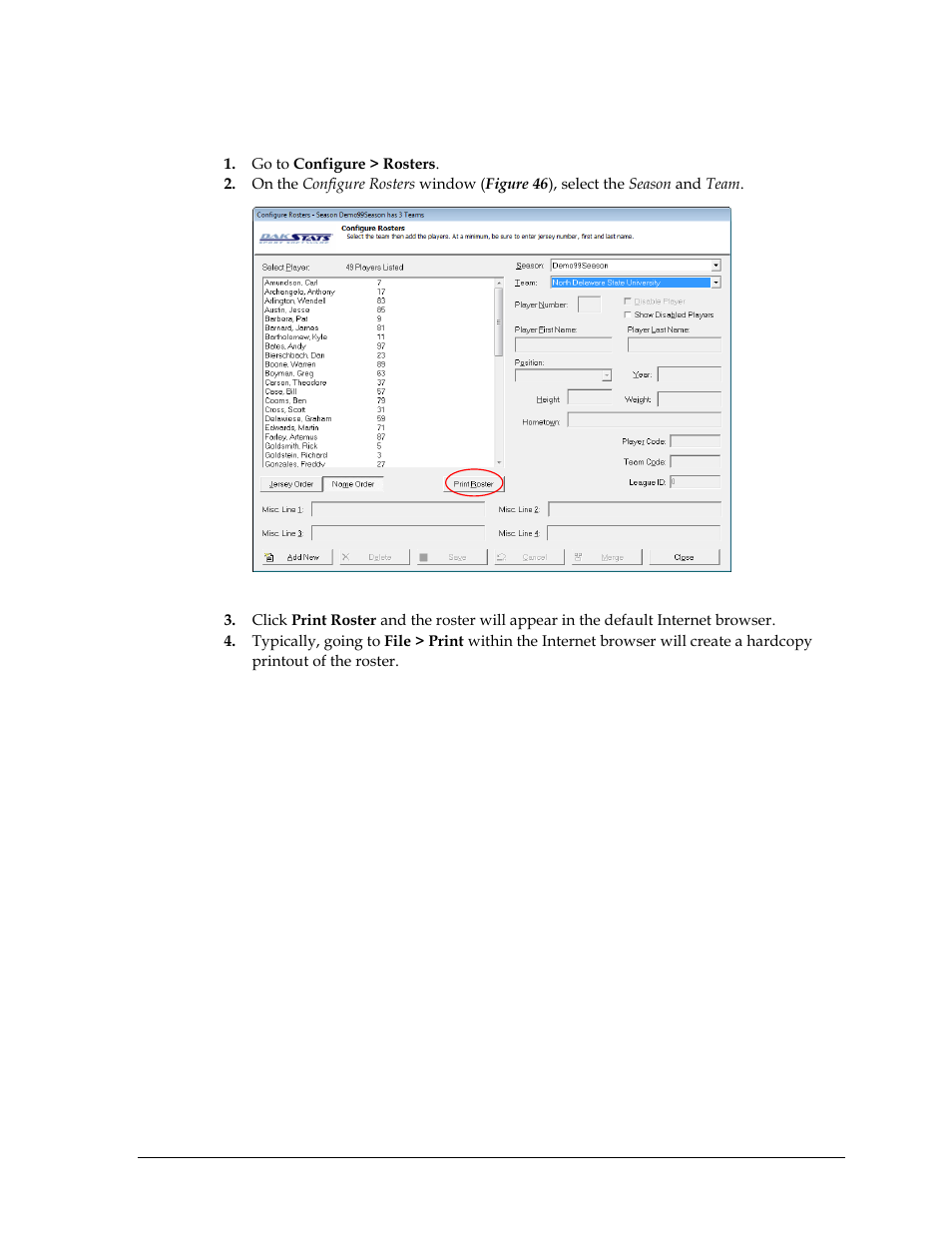4 roster printouts, Roster printouts | Daktronics DakStats Football User Manual | Page 43 / 77