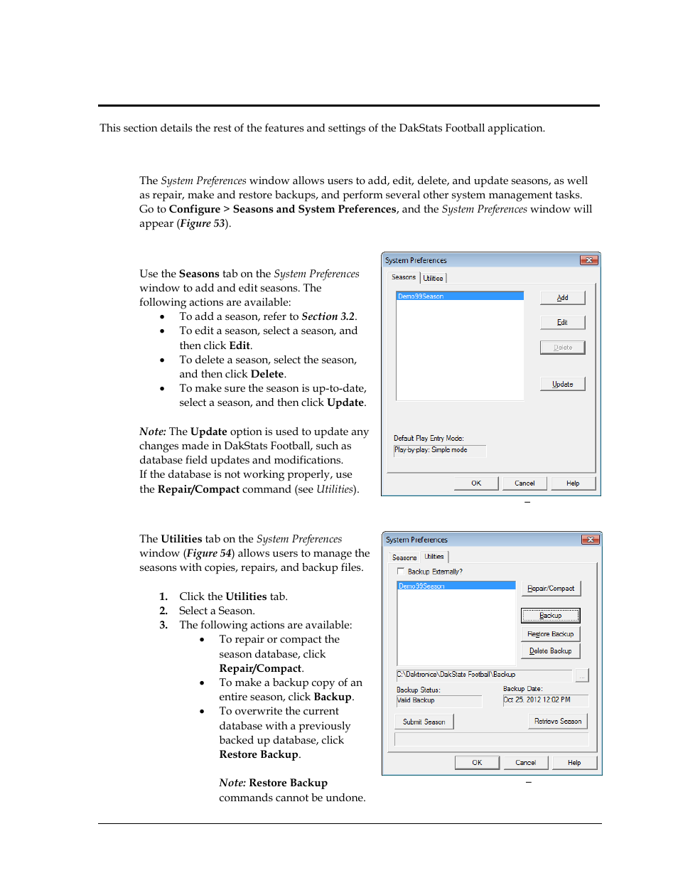 Section 8: additional features & settings, 1 season and system preferences, Seasons | Utilities, Section 8, Additional features & settings, Season and system preferences, Section 8.1 ) | Daktronics DakStats Football User Manual | Page 49 / 77