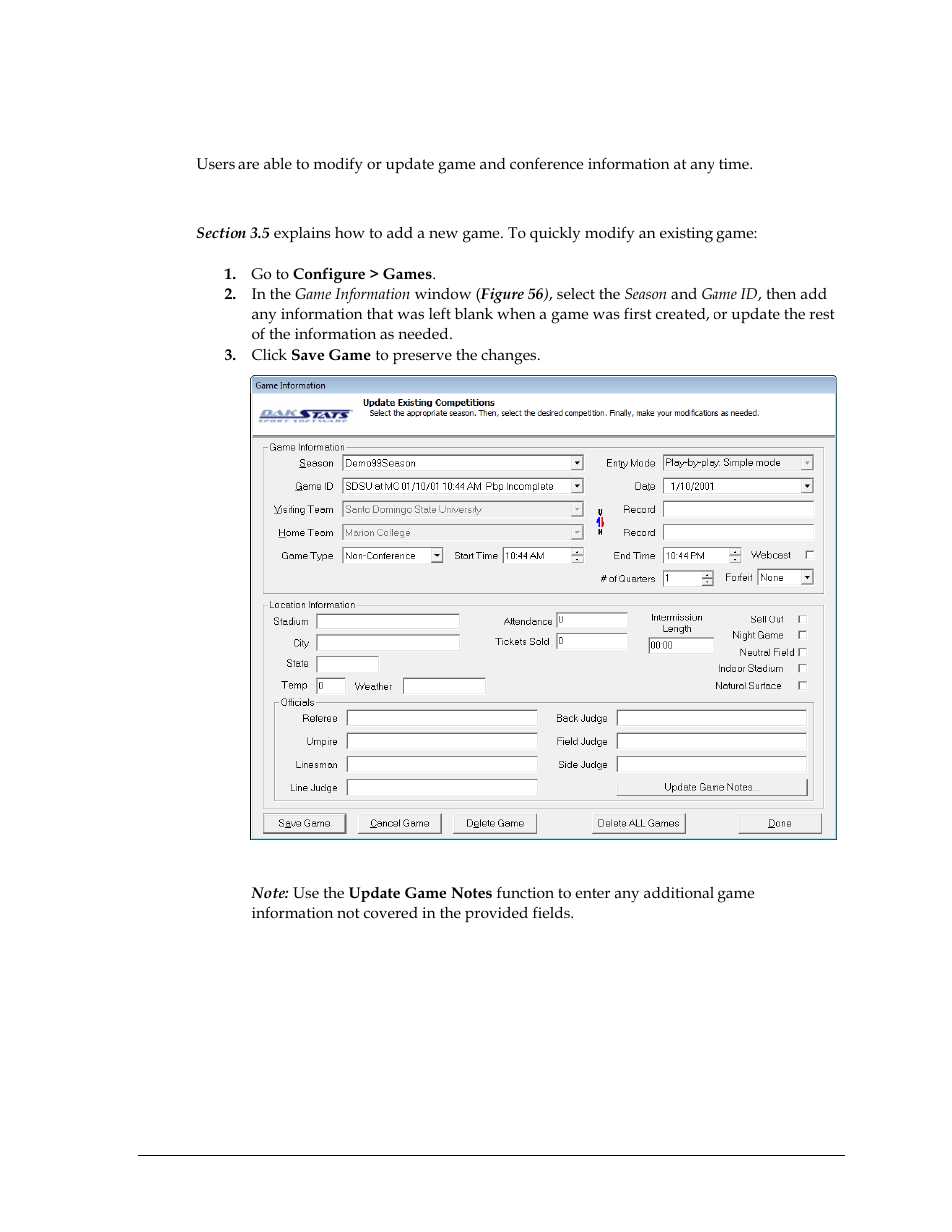 3 configuring dakstats football, Modifying games, Configuring dakstats football | Section 8.3 ) | Daktronics DakStats Football User Manual | Page 51 / 77