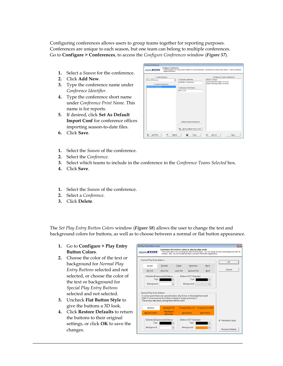 Configuring conferences, To create a new conference, To configure a conference | To delete a conference, 4 play entry button colors, Play entry button colors | Daktronics DakStats Football User Manual | Page 52 / 77