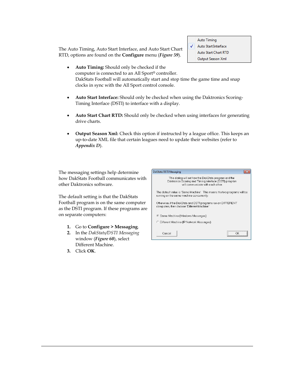 5 auto start options, 6 messaging, Auto start options | Messaging | Daktronics DakStats Football User Manual | Page 53 / 77