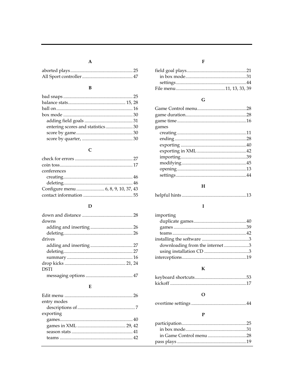 Index | Daktronics DakStats Football User Manual | Page 63 / 77