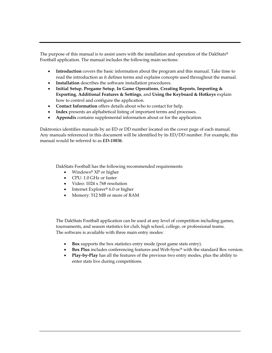 Section 1: introduction, 1 system requirements, 2 levels of play | Section 1, Introduction, System requirements, Levels of play | Daktronics DakStats Football User Manual | Page 7 / 77