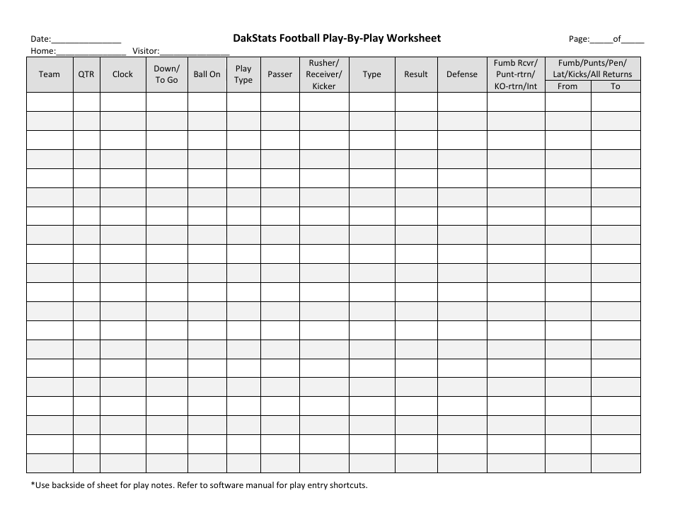 Dakstats football play-by-play worksheet | Daktronics DakStats Football User Manual | Page 71 / 77