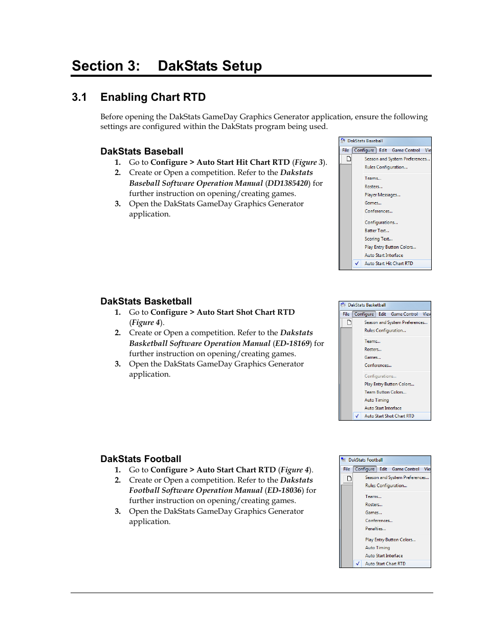 Section 3: dakstats setup, 1 enabling chart rtd, Dakstats baseball | Dakstats basketball, Dakstats football, Section 3, Dakstats setup, Enabling chart rtd | Daktronics DakStats GameDay Graphics Generator User Manual | Page 11 / 35