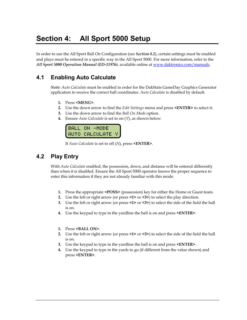 Section 4: all sport 5000 setup, 1 enabling auto calculate, 2 play entry | Changing possession, Changing down & distance, Section 4, All sport 5000 setup, Enabling auto calculate, Play entry | Daktronics DakStats GameDay Graphics Generator User Manual | Page 13 / 35