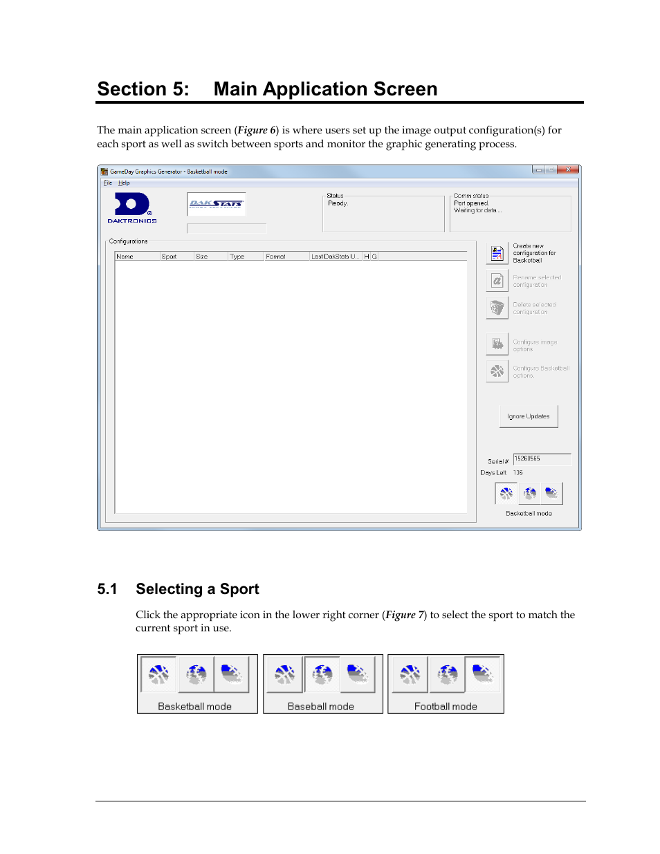 Section 5: main application screen, 1 selecting a sport, Section 5 | Main application screen, Selecting a sport | Daktronics DakStats GameDay Graphics Generator User Manual | Page 15 / 35