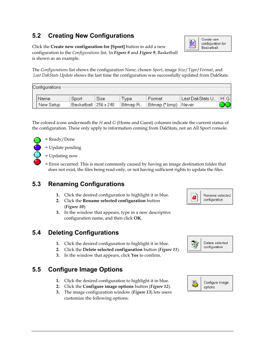 2 creating new configurations, 3 renaming configurations, 4 deleting configurations | 5 configure image options, Creating new configurations, Renaming configurations, Deleting configurations, Configure image options | Daktronics DakStats GameDay Graphics Generator User Manual | Page 16 / 35