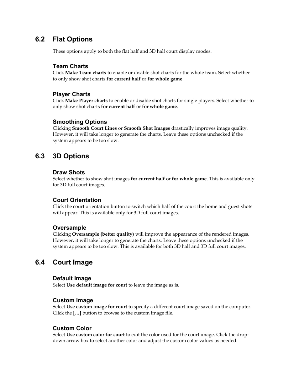 2 flat options, Team charts, Player charts | Smoothing options, 3 3d options, Draw shots, Court orientation, Oversample, 4 court image, Default image | Daktronics DakStats GameDay Graphics Generator User Manual | Page 20 / 35