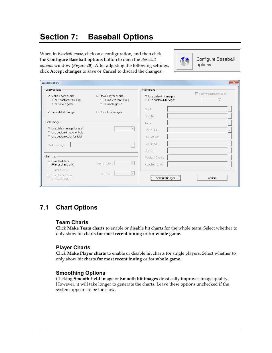 Section 7: baseball options, 1 chart options, Team charts | Player charts, Smoothing options, Section 7, Baseball options, Chart options | Daktronics DakStats GameDay Graphics Generator User Manual | Page 23 / 35