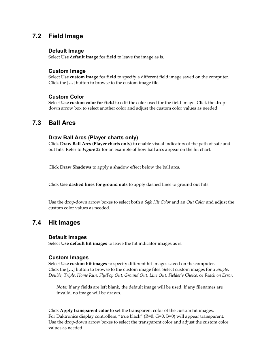 2 field image, Default image, Custom image | Custom color, 3 ball arcs, Draw ball arcs (player charts only), Draw shadows, Dashed lines, Safe hit/out colors, 4 hit images | Daktronics DakStats GameDay Graphics Generator User Manual | Page 24 / 35